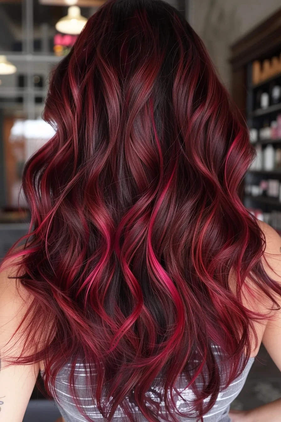 Dramatic noir roots gracefully transition into rich wine-red pieces that brighten to a vibrant ruby towards the ends. Long layers cut at varying lengths create natural movement, while the strategic placement of bright red highlights adds incredible dimension. Loose waves showcase the intricate color work, with the red tones appearing to illuminate from within.