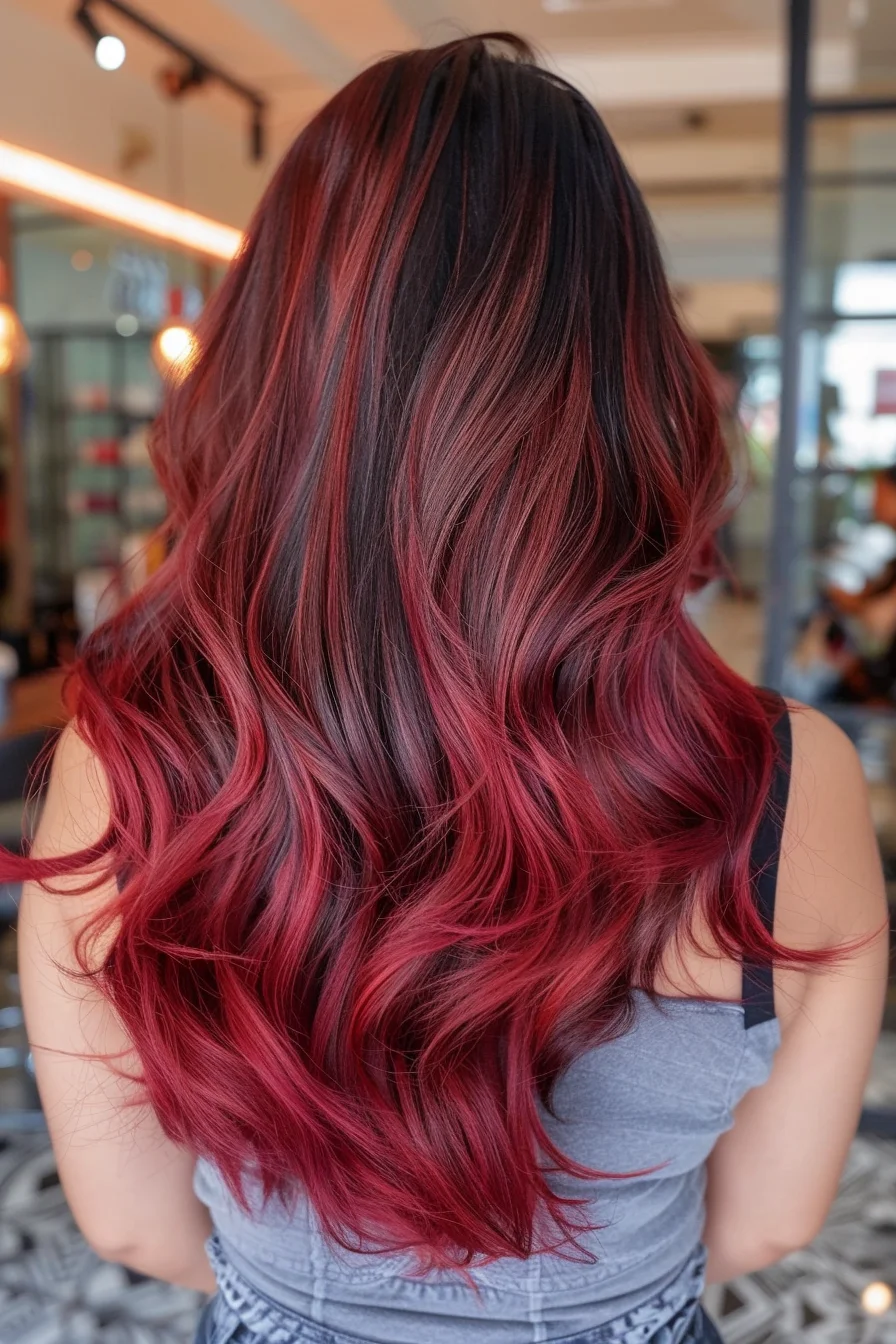 Deep ebony roots blend flawlessly into bold crimson highlights, creating a striking ombré effect on long, layered waves. Bright red pieces are painted throughout to add dynamic movement, while subtle burgundy tones create depth and dimension. The carefully crafted color placement makes the vibrant red appear to glow against the dark base, especially when styled in loose, flowing waves.