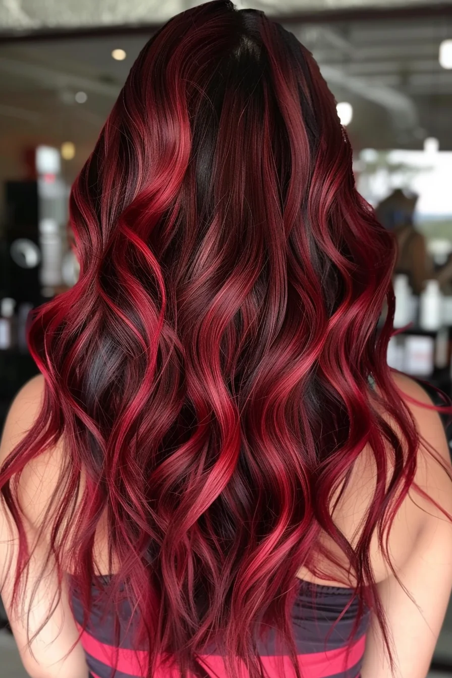 Mesmerizing waves of deep burgundy blend seamlessly with bright ruby tones, creating a romantic cascade of color from roots to tips. Each twist and turn reveals new dimensions of red, from deep wine to vivid scarlet. Carefully blended balayage technique brings life and movement to the long, flowing layers.