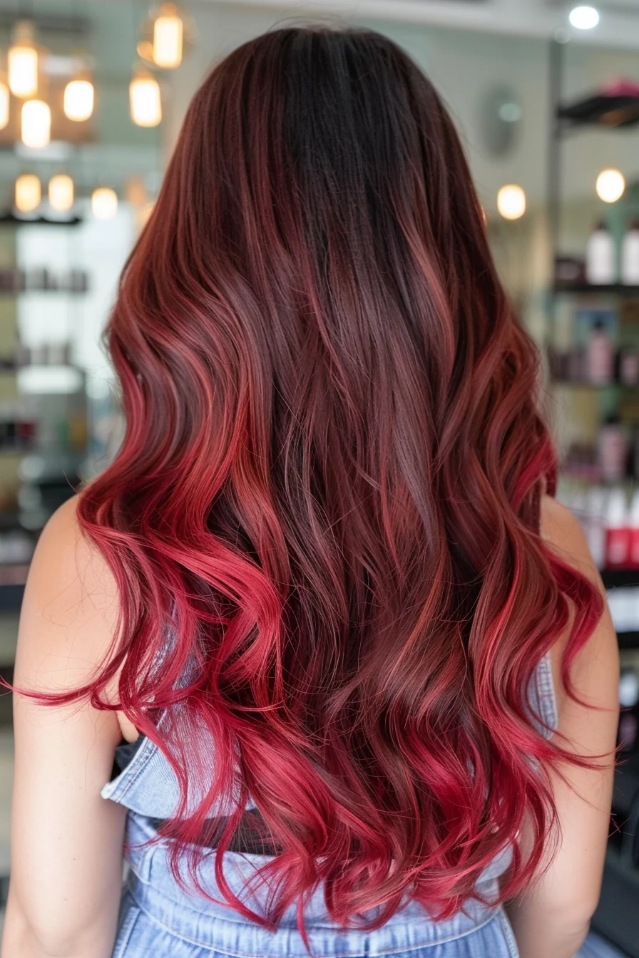 Sultry dark chocolate roots melt into fiery red pieces, with color that becomes increasingly bold toward the ends. Soft waves enhance the multi-dimensional effect, while precisely painted highlights create an enchanting gradient throughout. Long layers cut at varying angles allow the colors to blend naturally and create stunning movement.