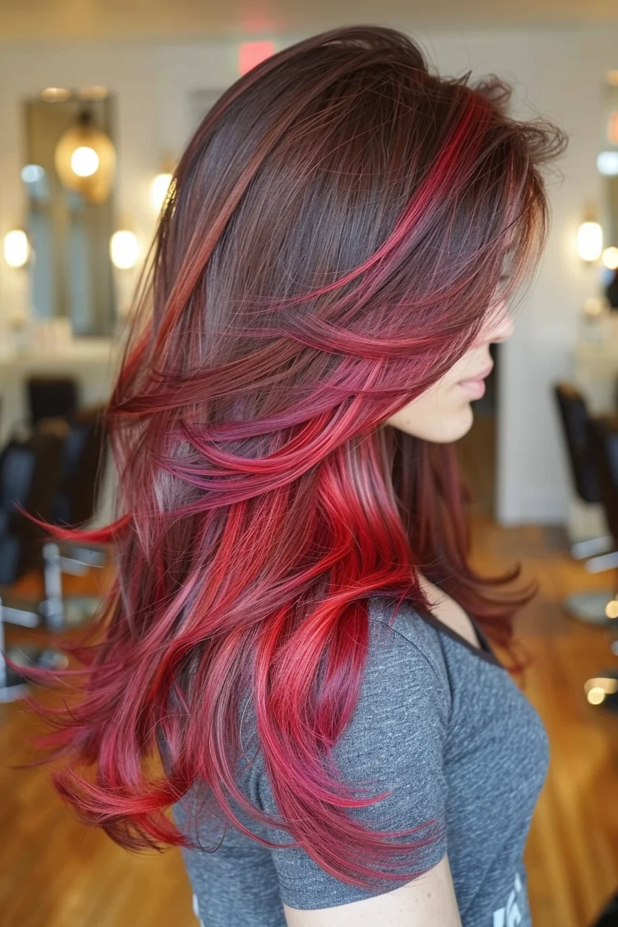 Bold pops of candy-apple red weave through dark brunette strands, creating an eye-catching display of dimensional color. Sweeping side-swept layers showcase the stunning contrast between deep roots and vibrant ends. Gentle waves throughout add texture and allow the colors to blend harmoniously.