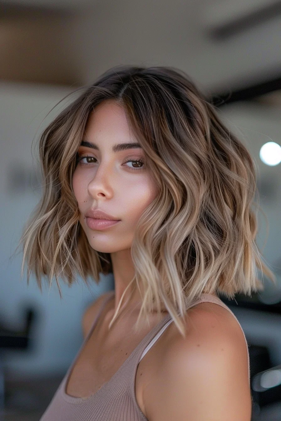 Cascading waves of caramel and honey blonde blend seamlessly in a modern shaggy bob that hits just above the shoulders. Dark roots transition into lighter ends, creating a natural-looking dimensional effect that adds depth and movement. Loose, undone waves give off an effortless California-cool vibe, while choppy layers throughout enhance texture and volume for a lived-in feel.