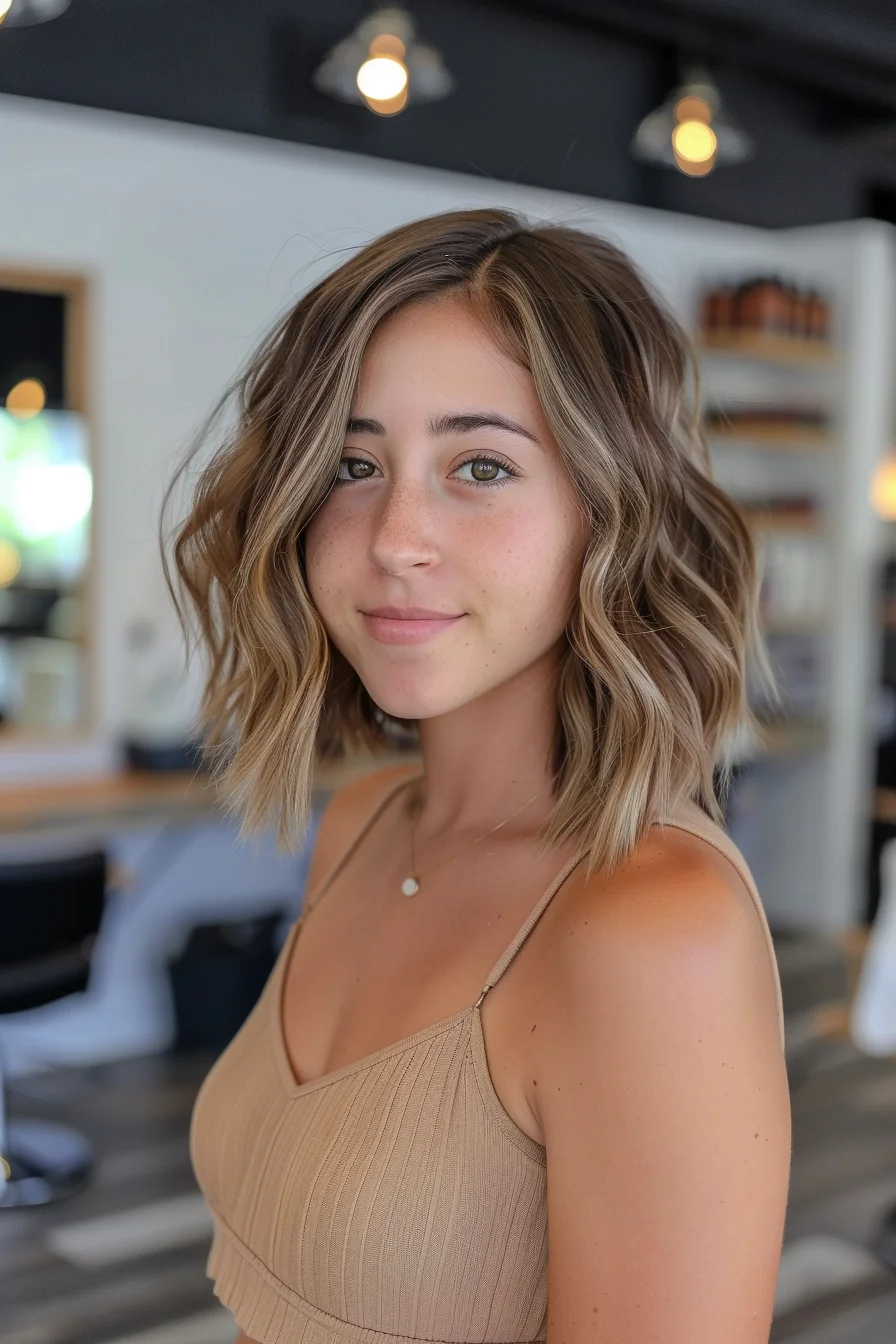 A softly tousled shoulder-length bob showcases stunning dimension with honey-blonde balayage that brightens naturally around the face. Loose waves create beautiful movement while choppy layers add volume and texture throughout. Side-swept styling keeps the look fresh and modern.