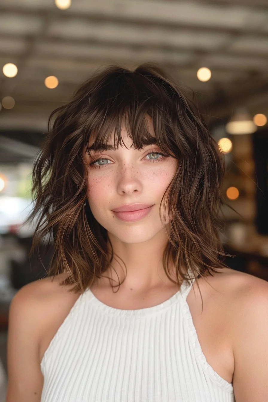 Wispy bangs frame the face in this gorgeous brunette shag featuring subtle caramel highlights. Piece-y layers create amazing texture and body, while the length hits perfectly at the collarbone. Undone waves give an effortless lived-in feel that looks both polished and casual.