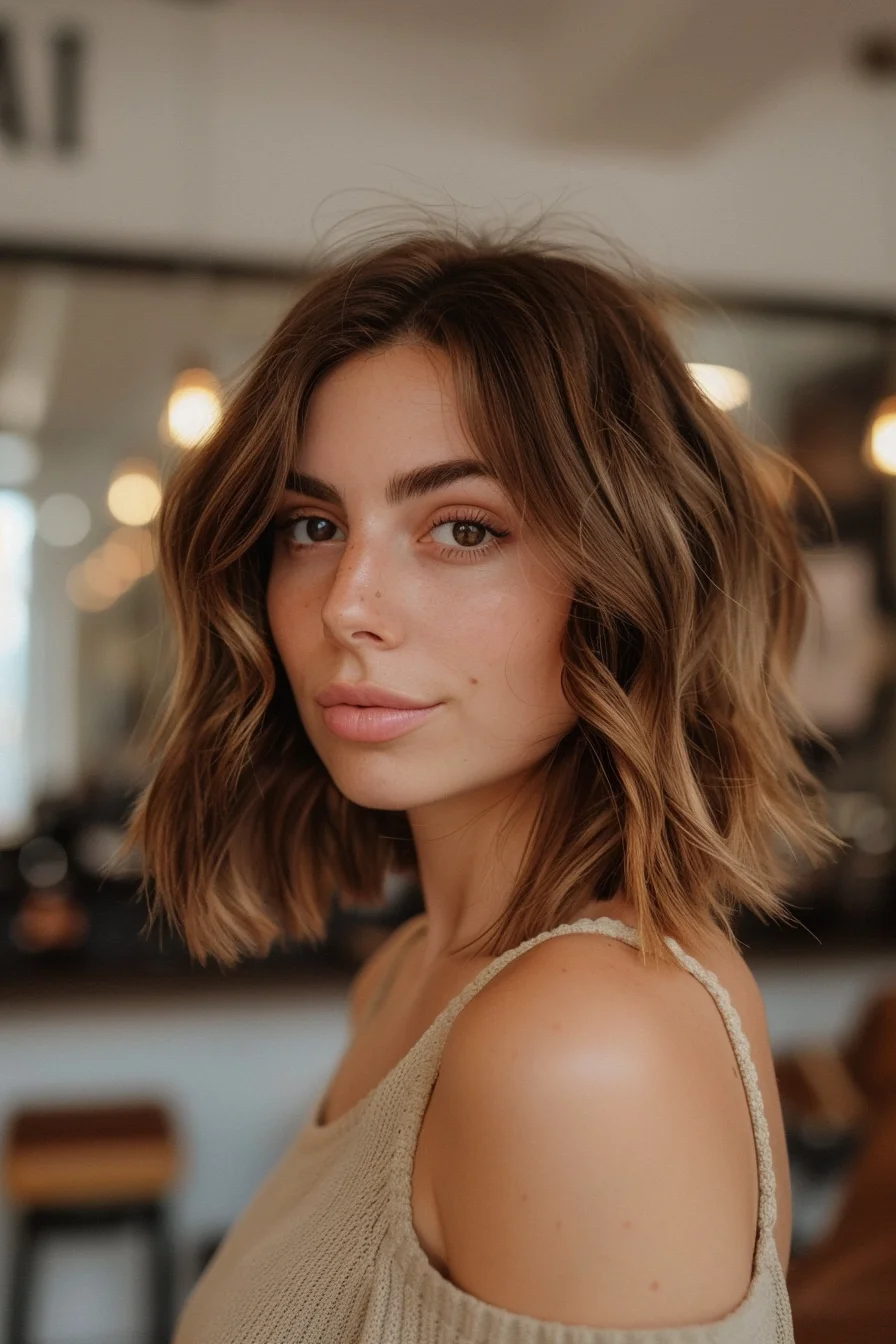 Rich chocolate brown roots melt into sun-kissed blonde pieces in this shoulder-grazing cut. Multiple layers create incredible movement and texture, while the side-swept styling adds drama and depth. Face-framing pieces highlight bone structure beautifully.