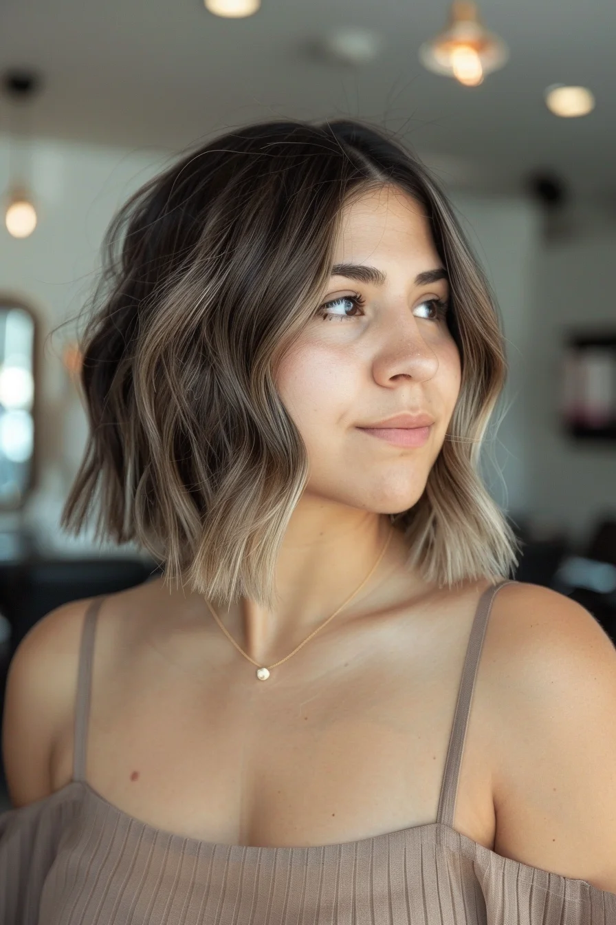 Modern take on the shag features darker roots transitioning into bright blonde ends. Choppy layers throughout create amazing texture while keeping volume balanced. Beachy waves add casual coolness to this collarbone-skimming length.