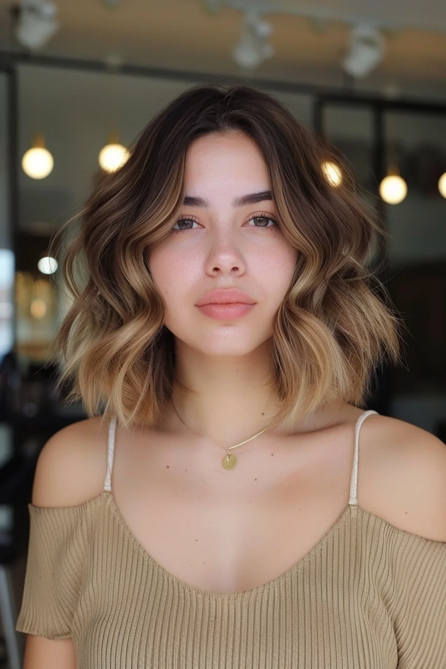 Stunning blend of warm brunette and golden blonde tones creates gorgeous dimension in this textured bob. Soft waves and carefully carved layers give incredible movement and body. Shorter pieces accent facial features while longer layers add beautiful texture and shape.