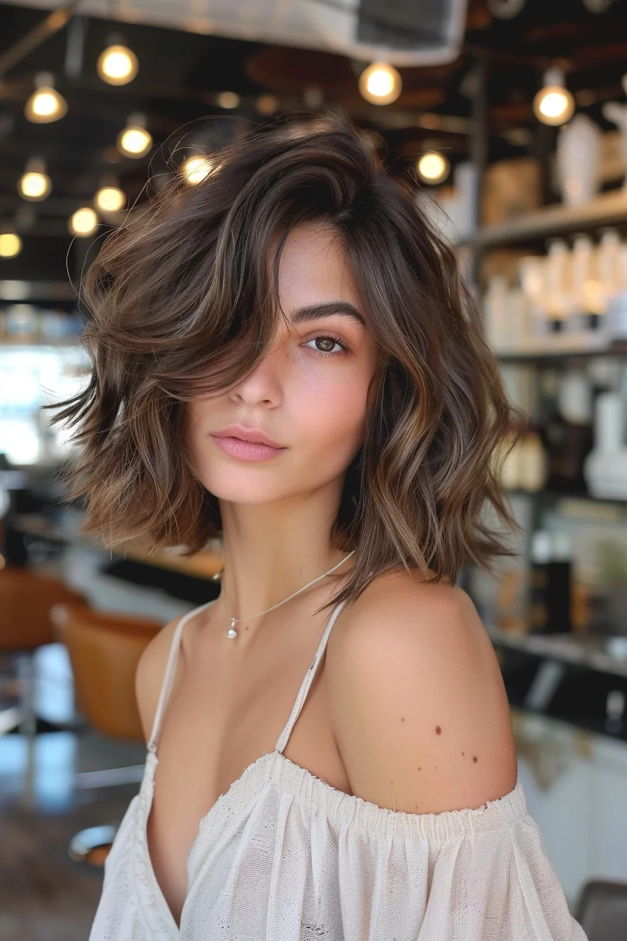 Bold waves define this shoulder-length cut featuring dramatic root volume and piece-y layers throughout. Darker roots blend seamlessly into lighter ends, creating gorgeous depth and texture. Side-swept styling adds sultry appeal while layered pieces enhance natural wave patterns for effortless body.