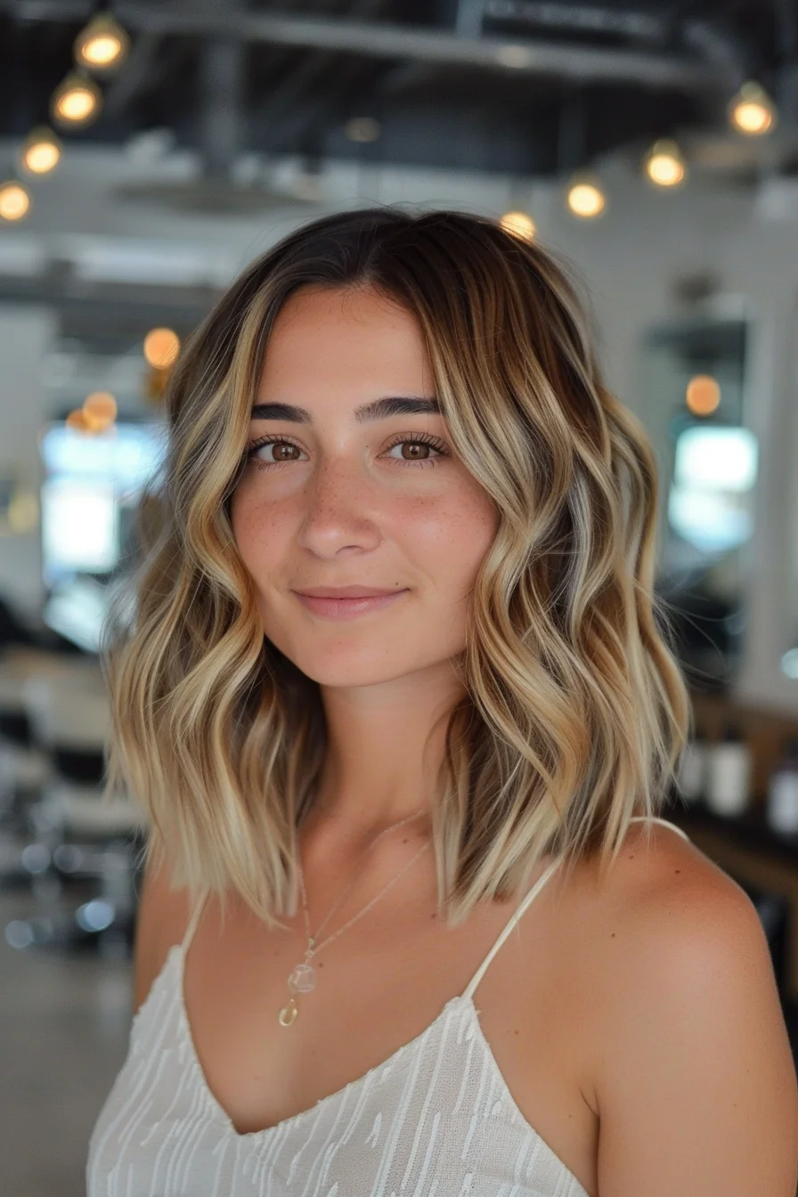 Bright blonde highlights illuminate this modern shag, starting with a deeper root that transitions into sun-kissed ends. Loose waves showcase multiple layers that create incredible movement. Face-framing pieces hit perfectly at the cheekbones, while the overall length stays just above the shoulders.