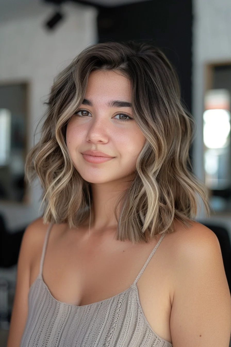 Medium-length layers cut at varying angles give incredible texture to this lived-in look. Natural-looking color progression from darker roots to lighter ends creates beautiful dimension. Soft waves throughout add body and movement while keeping the style relaxed and effortless.