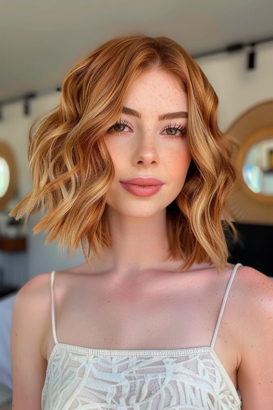 Warm golden tones dominate this stunning shaggy bob, with honey blonde pieces woven throughout for gorgeous dimension. Bouncy waves add playful movement while precisely cut layers create beautiful texture and volume. Shorter pieces around the face blend smoothly into longer layers for a cohesive shape.