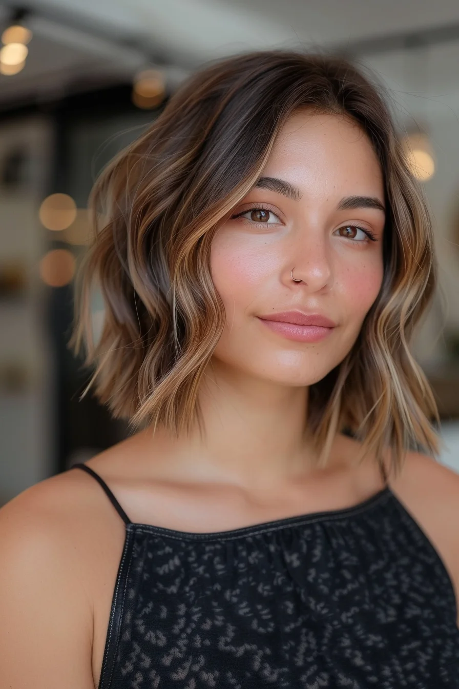 Mocha brown roots blend seamlessly into golden blonde highlights in a chin-length cut that embodies effortless cool. Soft waves create beautiful movement while precisely cut layers add incredible texture and volume. Face-framing pieces hit at the cheekbones for flattering definition.