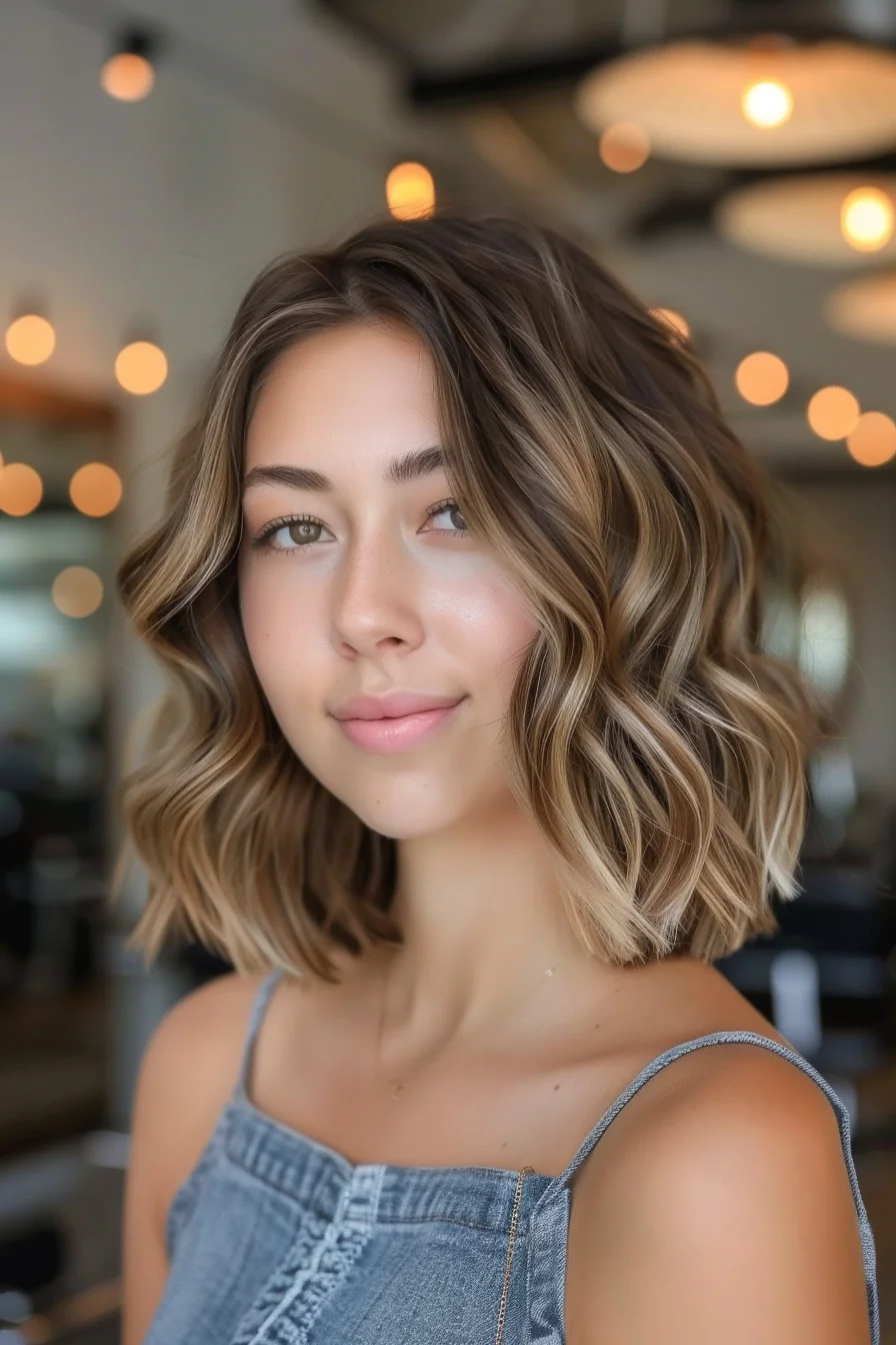 Sun-kissed balayage brightens this collarbone-grazing cut, featuring rich brunette roots that melt into lighter ends. Piece-y layers throughout give amazing texture while loose waves add beautiful body and movement. The cut's versatile length allows for both sleek and tousled styling.