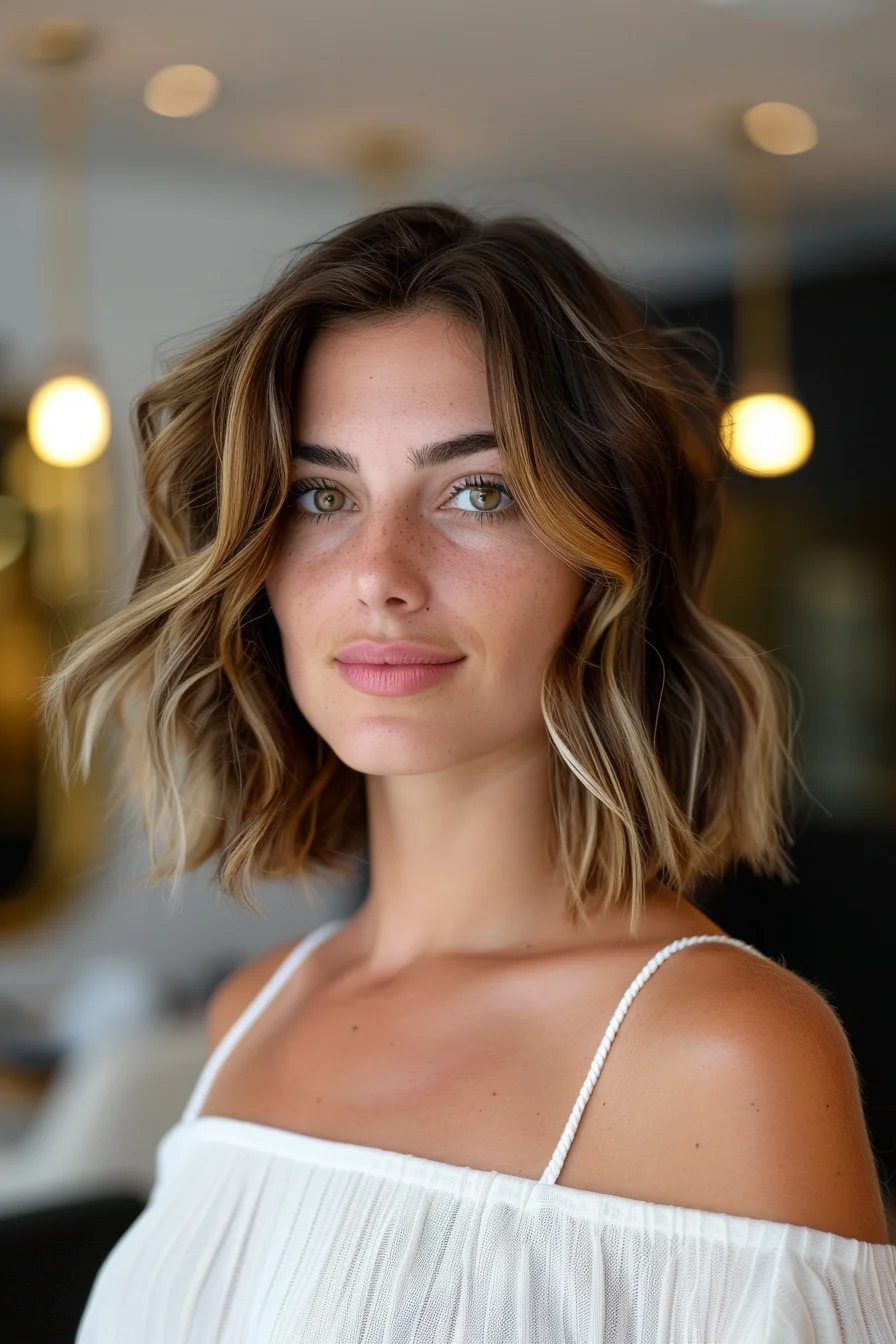 Warm blonde highlights illuminate the front sections of this textured bob, while deeper tones anchor the style. Choppy layers create incredible volume and movement. Natural-looking waves enhance the cut's modern shape while keeping it effortlessly chic.