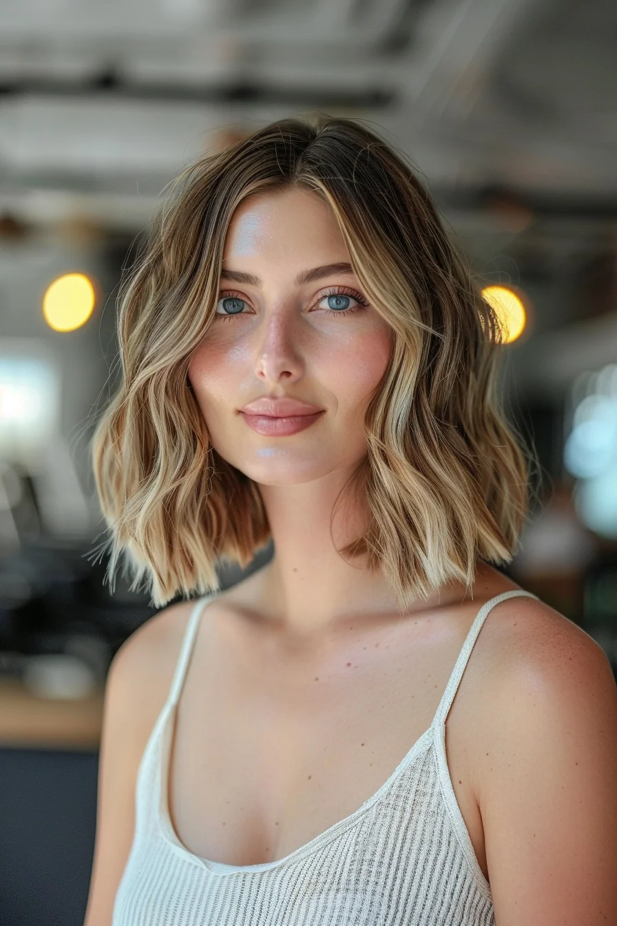 Beachy waves define this shoulder-length style with stunning blonde balayage. Light pieces around the face brighten the overall look while darker roots provide beautiful contrast. Multiple layers create gorgeous texture and body throughout the cut.