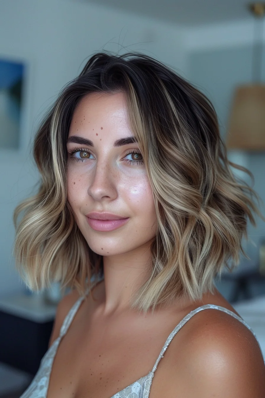 A stunning dark-to-light progression defines this collarbone-grazing cut, where deep brunette roots blend seamlessly into bright blonde ends. Tousled waves and precisely cut layers create beautiful movement, while shorter pieces frame the face for a fresh, modern effect.