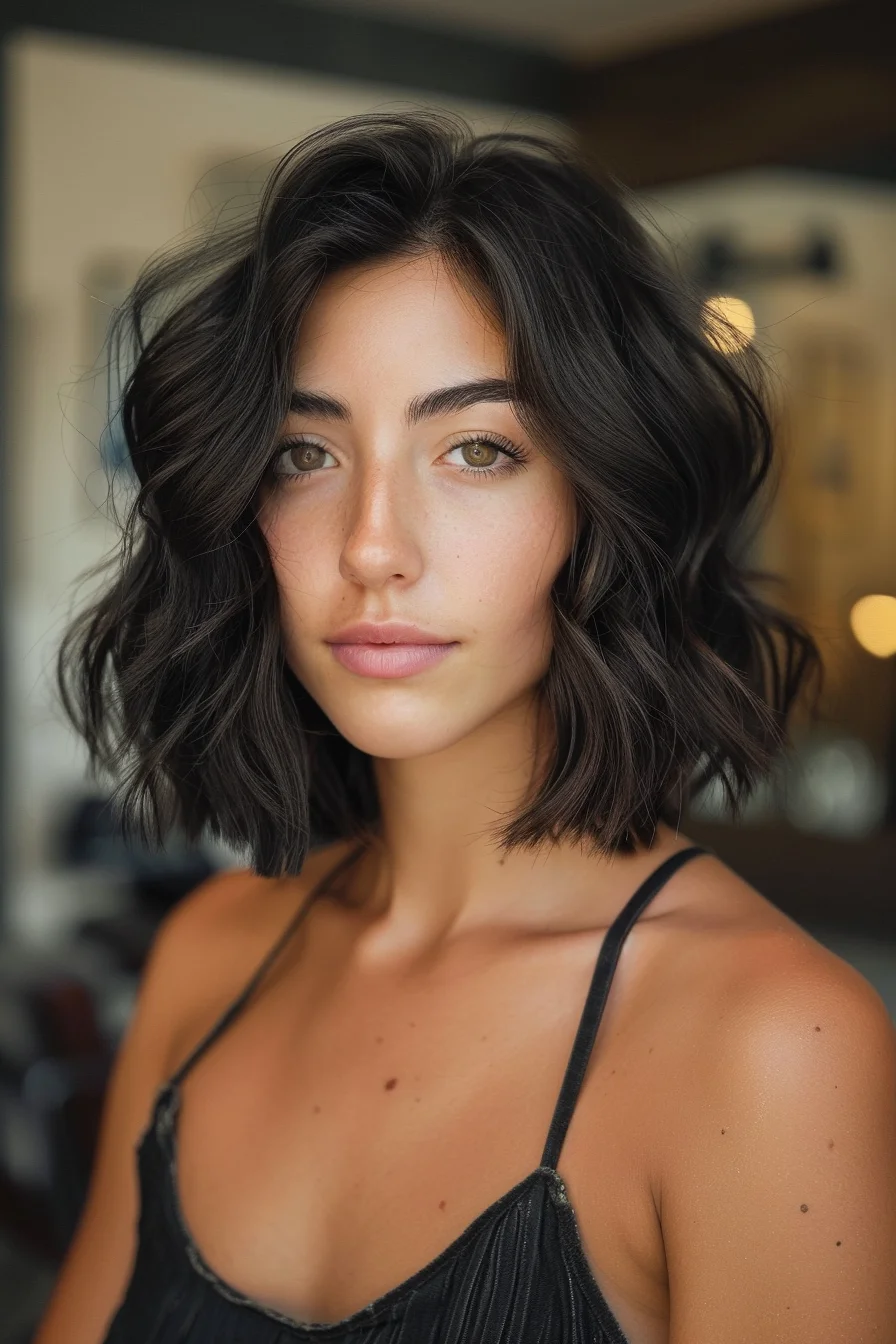 Rich espresso brown waves cascade just above the shoulders in a beautifully textured cut. Choppy layers throughout give amazing volume while keeping the style full and bouncy. Face-framing pieces hit perfectly at the cheekbones, creating a flattering silhouette that's both modern and versatile.