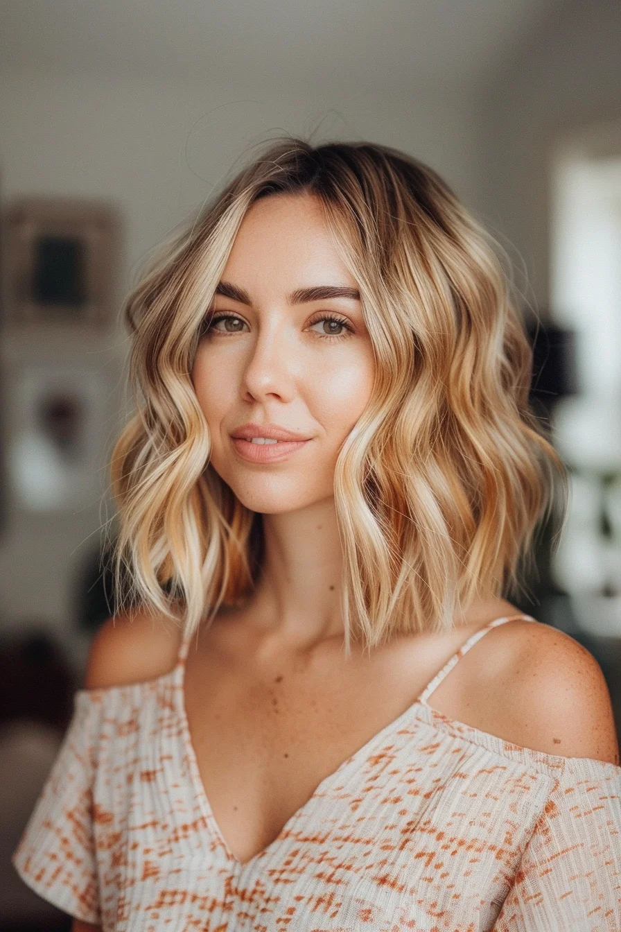 Warm honey blonde waves illuminate this shoulder-skimming style with stunning dimension. Soft layers blend smoothly while creating beautiful movement and body. Root shadowing adds depth while bright pieces around the face catch light beautifully for a sun-kissed effect.