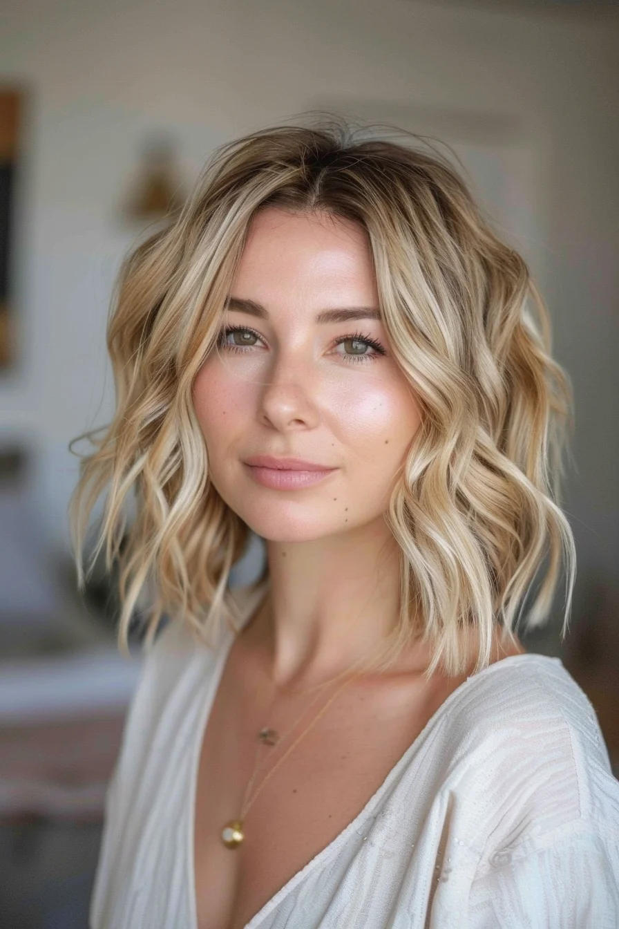 Bright platinum blonde defines this modern shag with darker roots providing gorgeous contrast. Bouncy waves showcase multiple layers that create incredible texture. Face-framing pieces soften the overall look while longer layers add beautiful movement throughout.