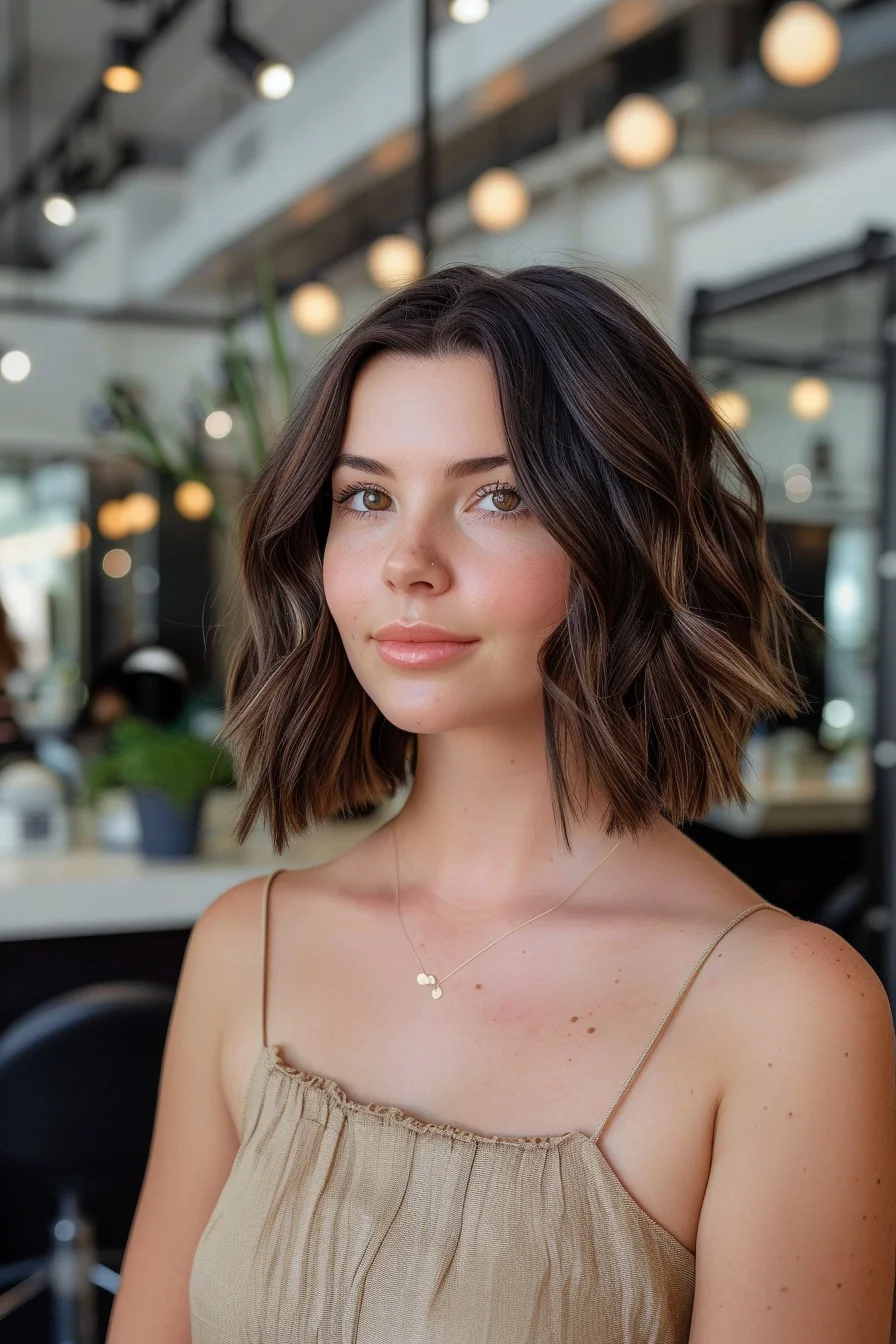 Warm brunette shag incorporates subtle caramel highlights woven throughout for gorgeous dimension. Choppy layers add incredible texture while loose waves give off an effortlessly cool vibe. Length hits right at the collarbone, with shorter pieces around the face blending seamlessly into longer layers.