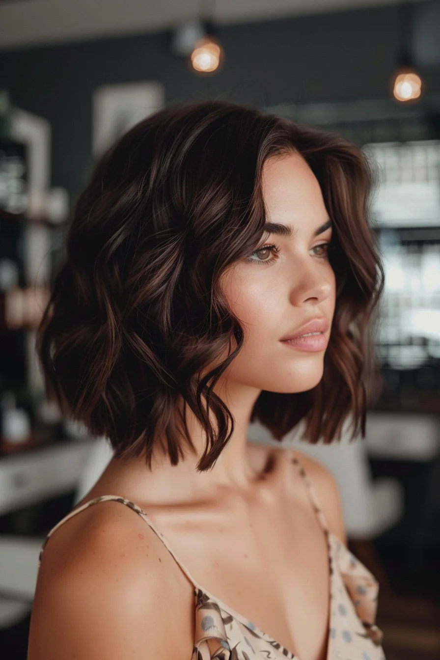 Deep mocha tones dominate this shoulder-grazing cut, enhanced by piece-y layers that create amazing movement. Voluminous waves add beautiful body while keeping the overall look relaxed. Side-swept styling shows off multiple layers and brings attention to the stunning wave pattern.