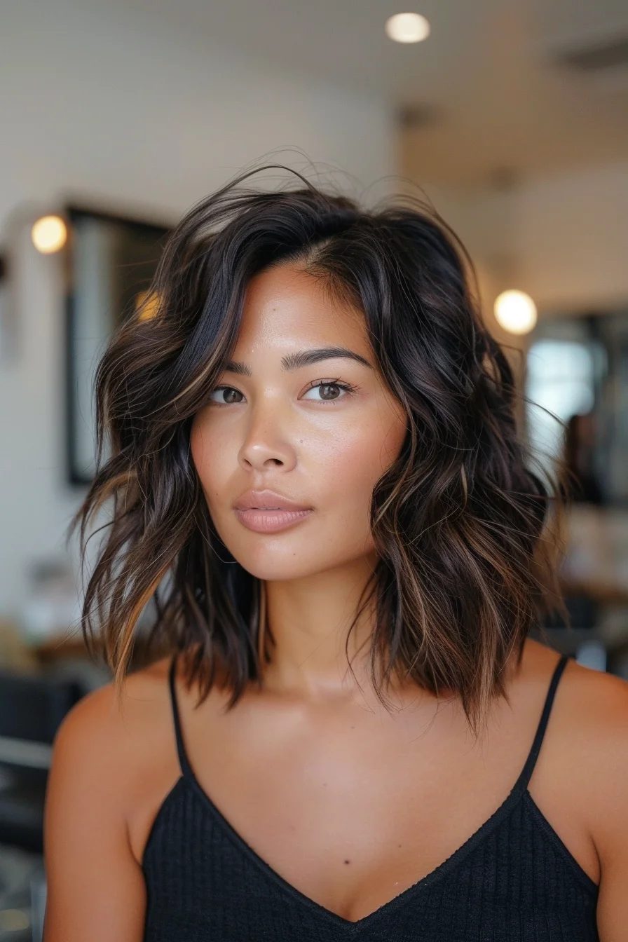 Sun-kissed balayage brightens up this modern shag, featuring darker roots that blend into warm golden pieces. Tousled waves and razored ends create beautiful texture, while layering throughout gives incredible body and movement. Length sits perfectly at the shoulders.