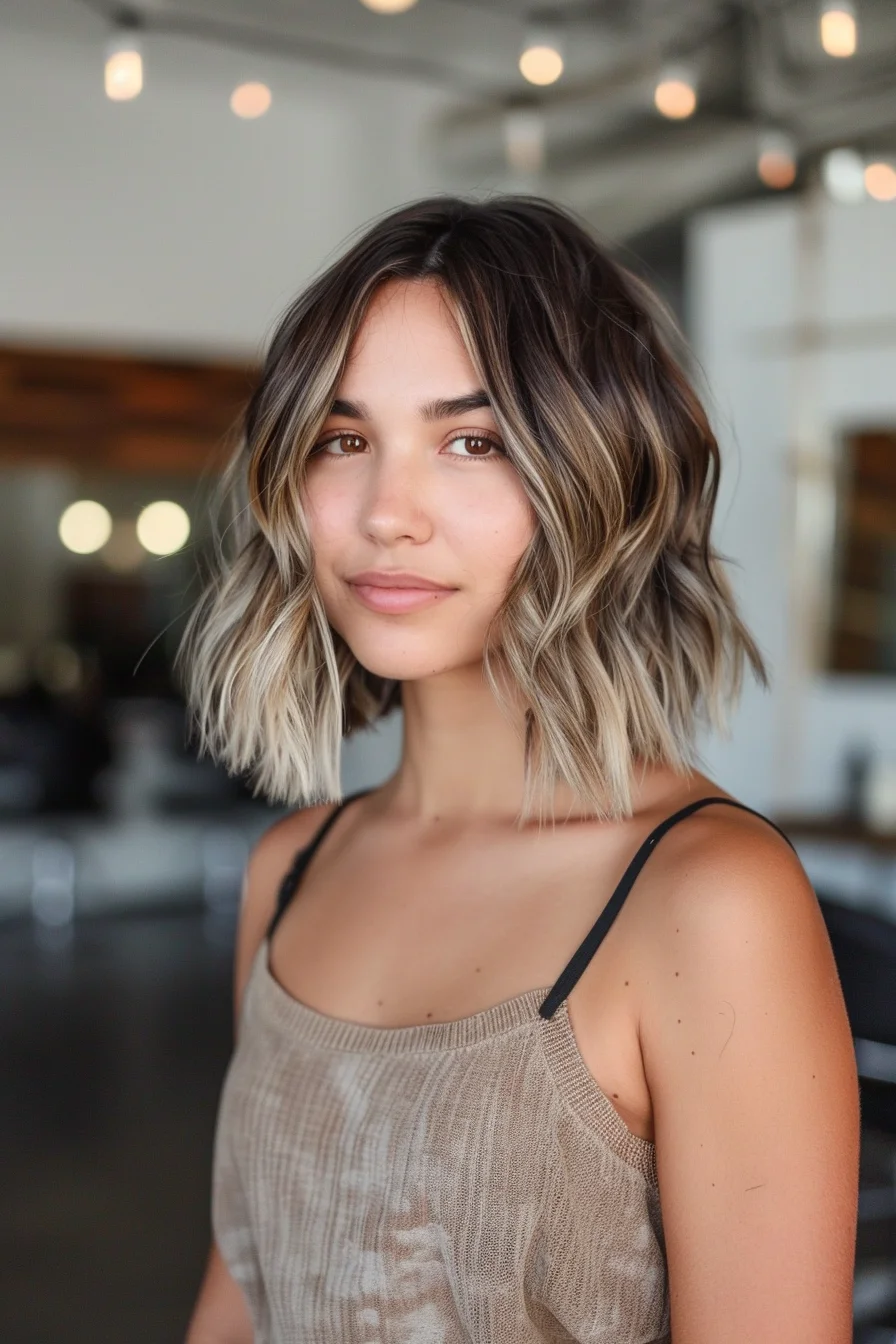 Dramatic blonde transformation takes this shaggy bob from deep brunette roots to bright, icy ends. Multiple layers create gorgeous texture and volume while waves add beautiful movement. Face-framing pieces brighten the overall look while keeping depth at the crown.