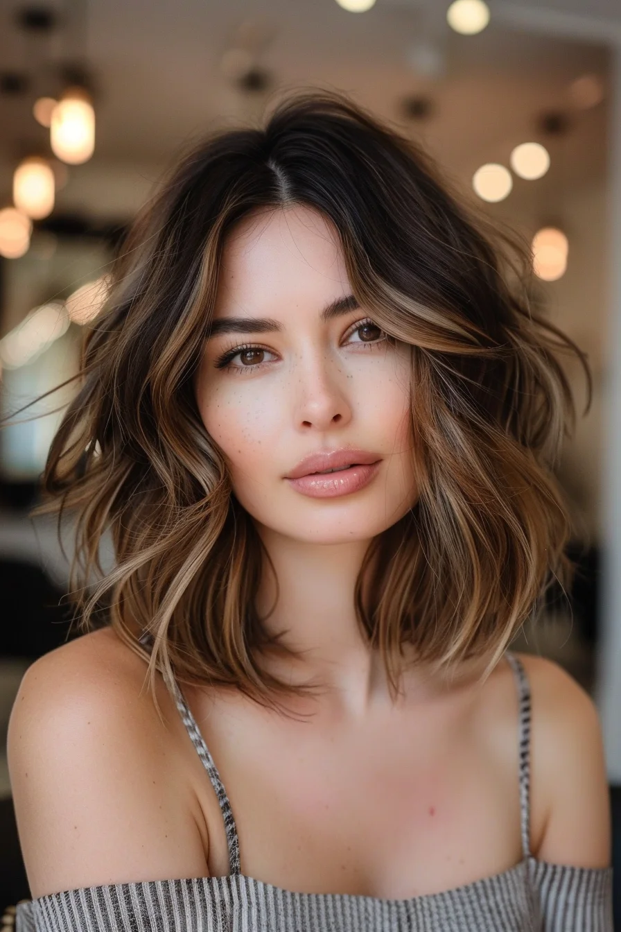 Rich espresso roots blend seamlessly into caramel-toned ends in a stunning shoulder-length shag. Multiple layers create beautiful movement while loose waves add incredible texture. Face-framing pieces hit at the cheekbones, enhancing the cut's modern silhouette with darker pieces near the roots brightening to sun-kissed ends.