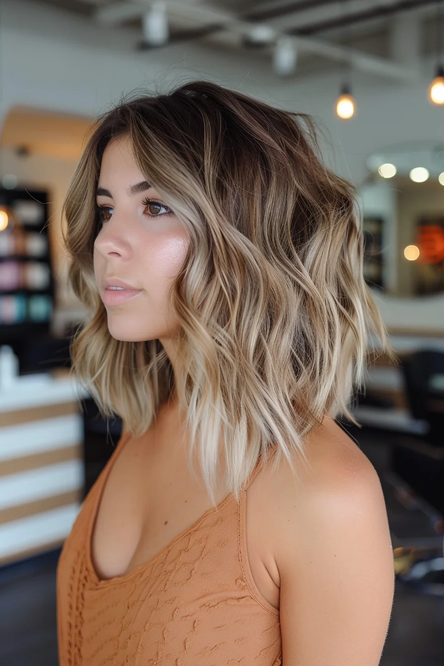 Gorgeous warm-toned balayage lightens from a rich brown base to bright blonde ends. Soft waves enhance natural texture while piece-y layers create stunning movement. Side-swept styling brings attention to the gorgeous color progression and shows off multiple layers that catch light beautifully.