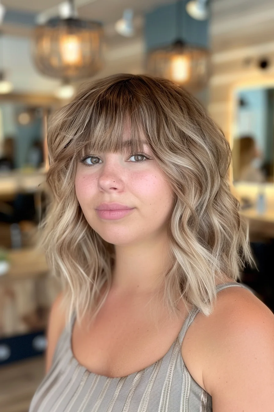 Light blonde waves with lived-in texture define this shoulder-skimming cut. Wispy bangs blend smoothly into face-framing layers while keeping volume throughout. Natural-looking waves enhance the shag's shape, creating beautiful movement that looks both polished and effortless.