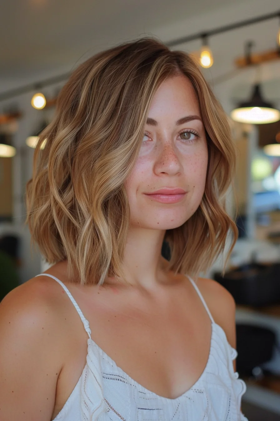 Dreamy beach waves define this medium-length shaggy cut that perfectly balances polish with effortless style. Subtle highlights in honey and wheat blonde tones catch the light beautifully, while darker roots add depth and dimension. Lightweight layers create movement and texture without removing too much bulk, allowing waves to form naturally.