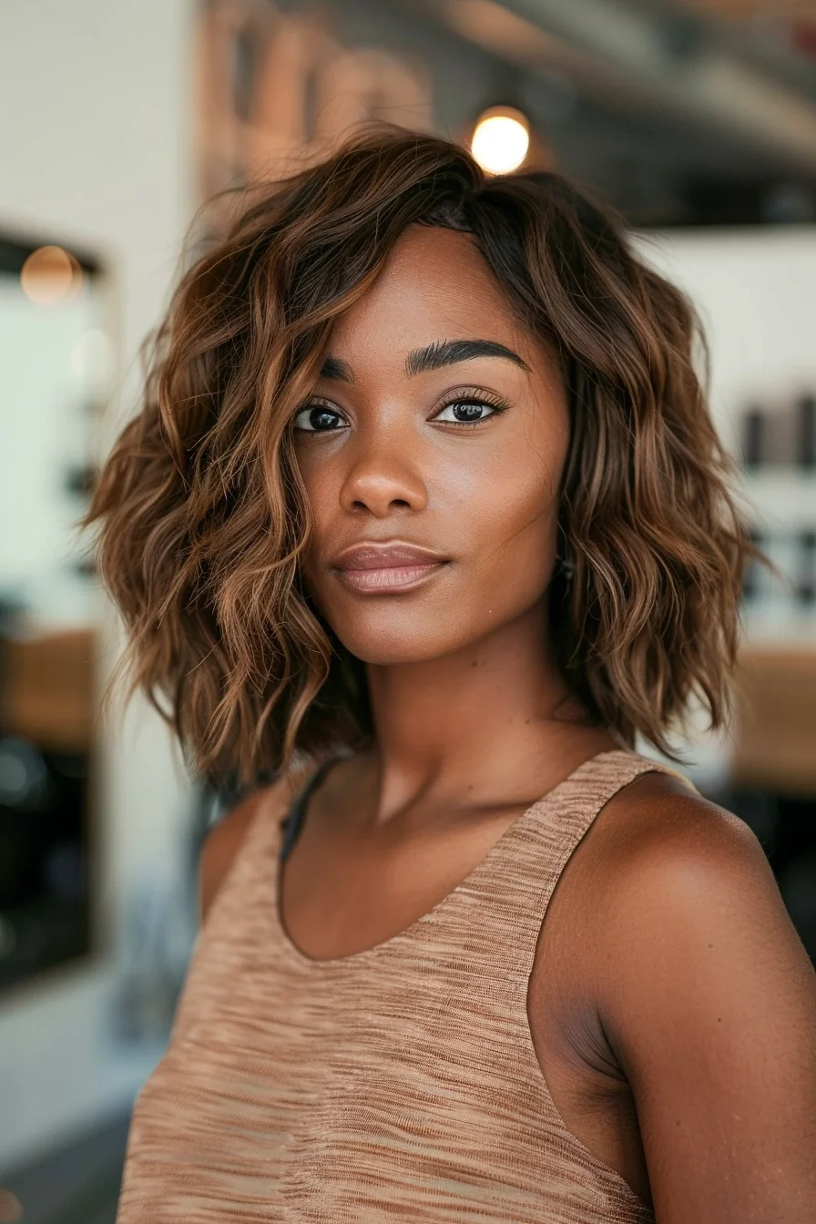 Deep chocolate brown base illuminated by warm caramel highlights creates stunning dimension in this collarbone-grazing cut. Bouncy waves showcase multiple layers that add incredible texture and movement. Face-framing pieces brighten the overall look while keeping beautiful depth at the crown.