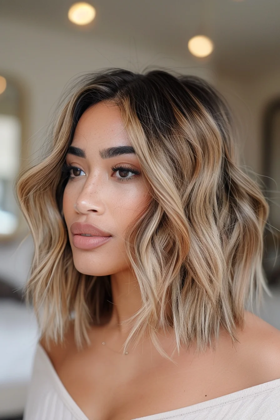 Striking contrast between deep brunette roots and bright blonde ends gives this textured bob major impact. Precise cutting technique creates seamless layers that enhance natural wave patterns. Carefully placed highlights brighten the face while maintaining depth at the roots. Modern shag shape hits right at the collarbone for maximum versatility.