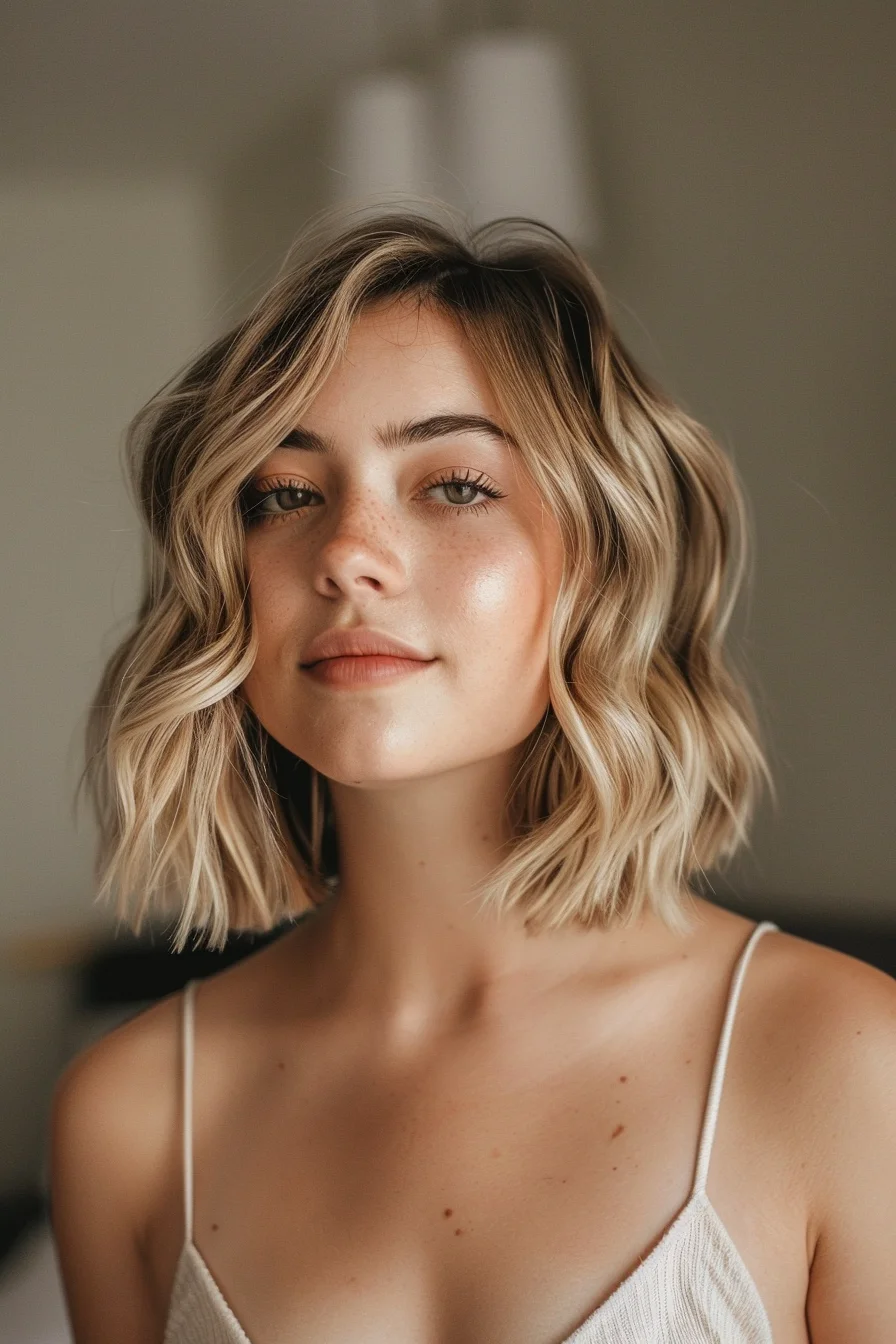 Sun-kissed waves of honey and champagne blonde create gorgeous dimension in this shoulder-grazing cut. Gentle layering throughout promotes natural movement while keeping the overall shape full and bouncy. Shorter pieces around the face soften the look, as longer layers create beautiful texture and flow. Root smudging adds depth and a low-maintenance grow-out.