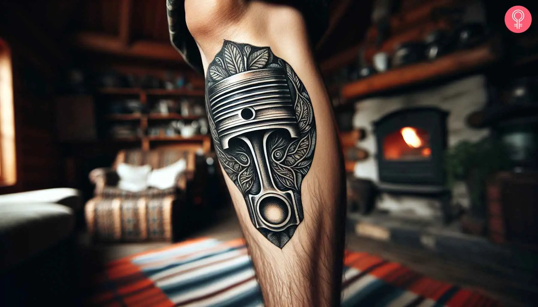 A man with a piston tattoo on his leg