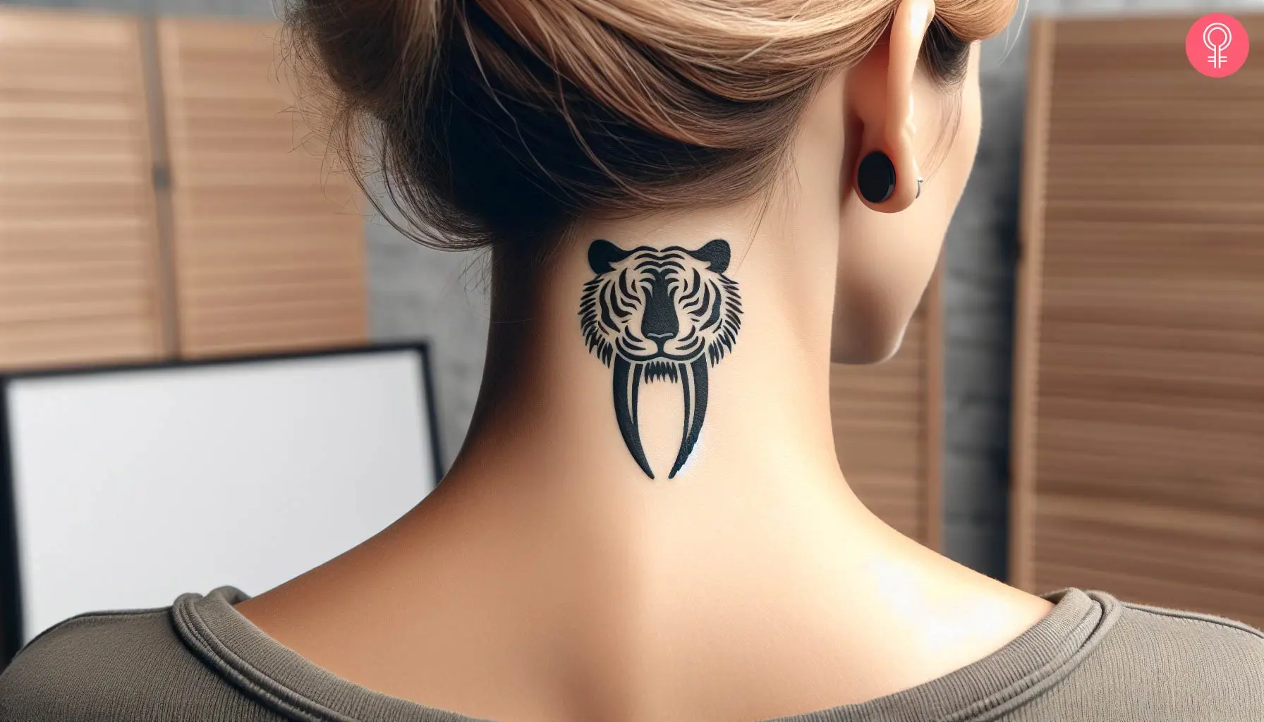 A small sabertooth tiger tattoo on the back of the neck