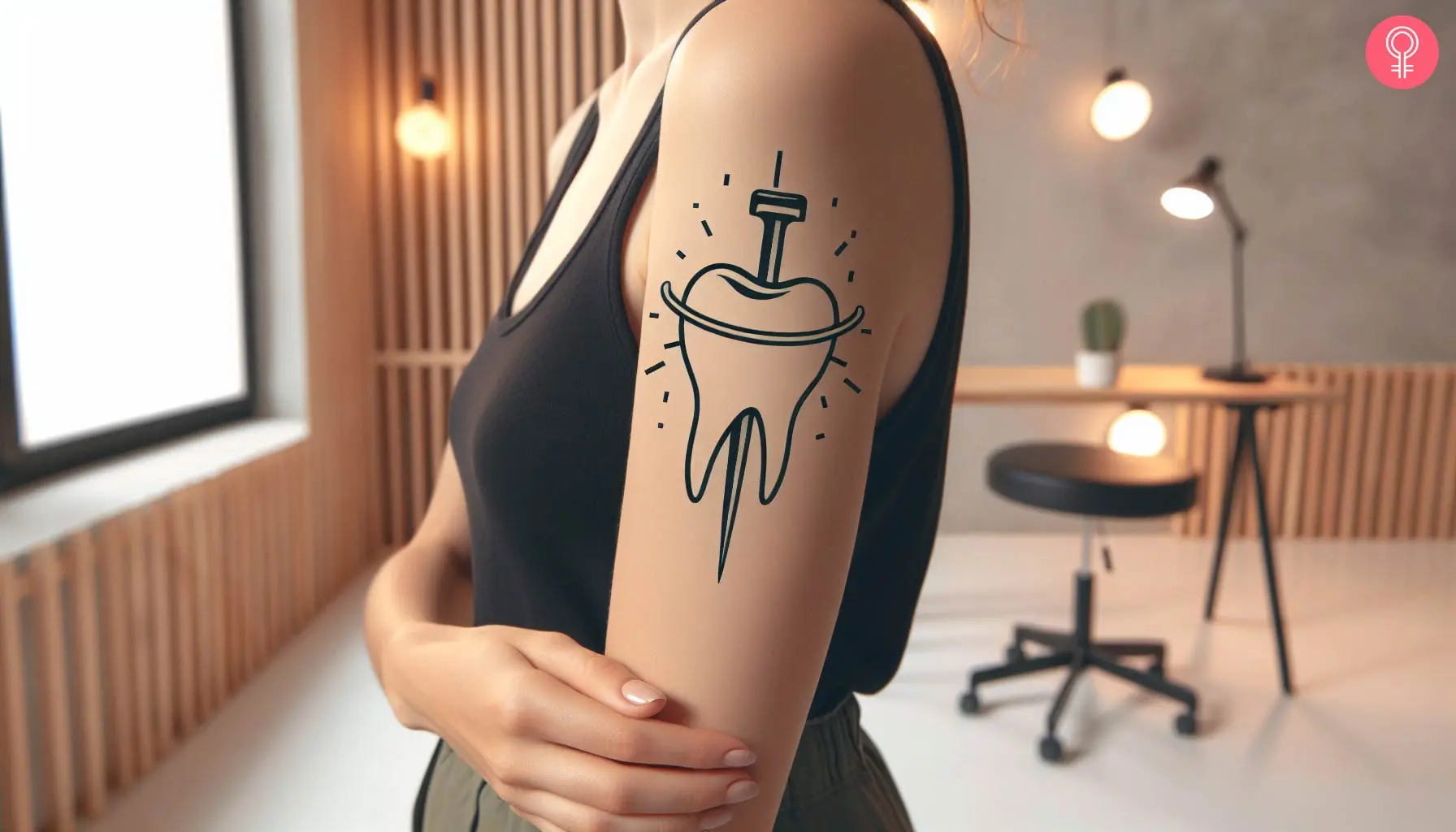 A tooth tattoo with a nail drilled into it vertically