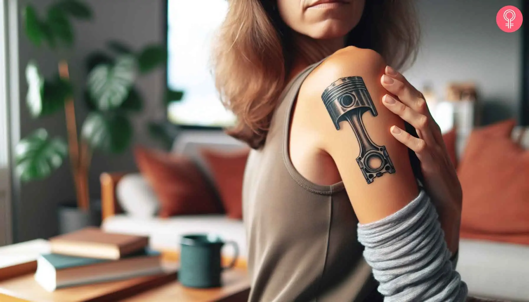  A woman with a car piston tattoo on her shoulder