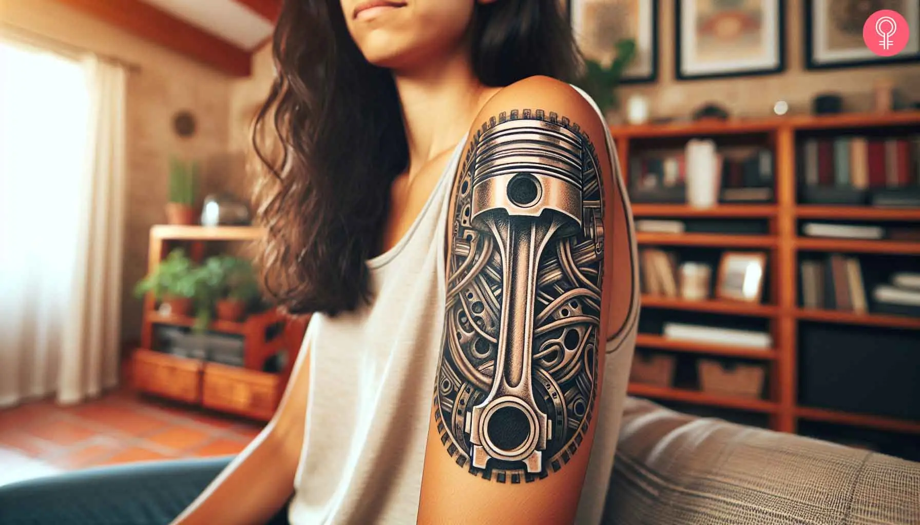 A woman with a realistic piston tattoo on her bicep