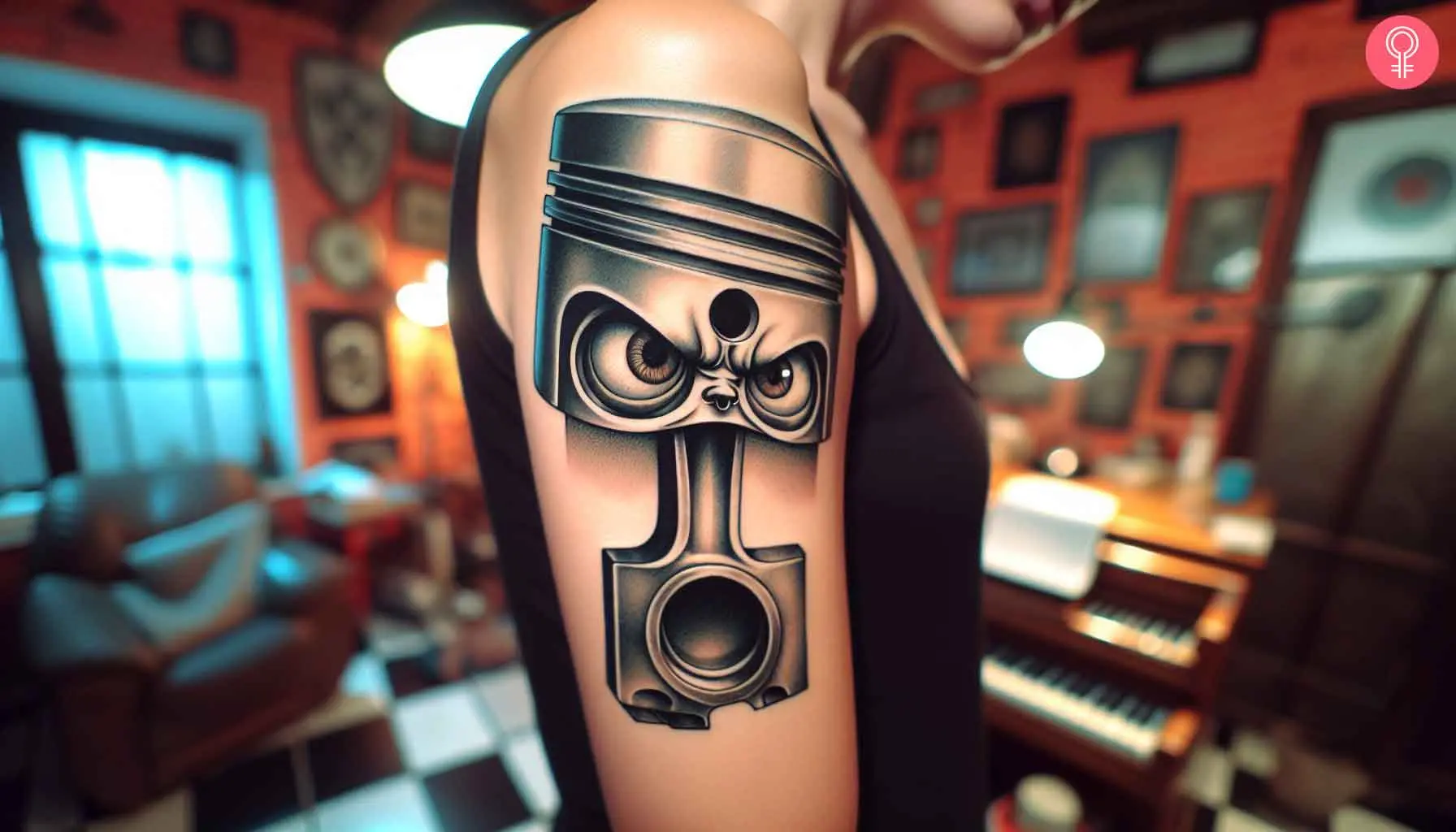 A woman with an angry piston tattoo on her arm