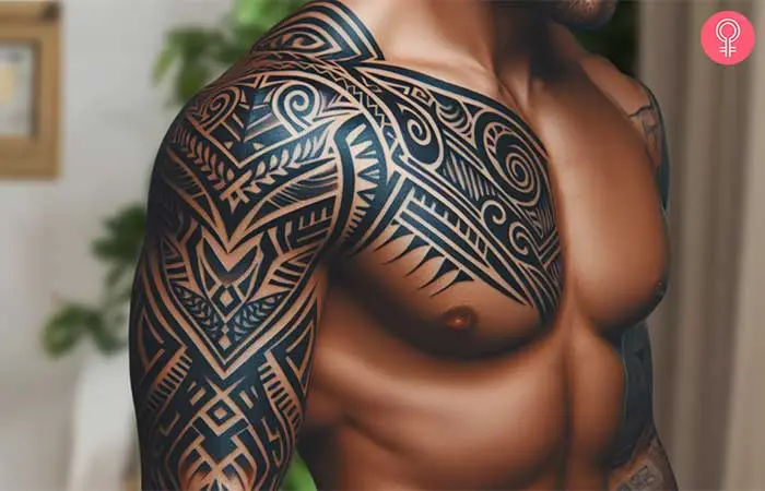 A man with an arm shoulder tribal tattoo design