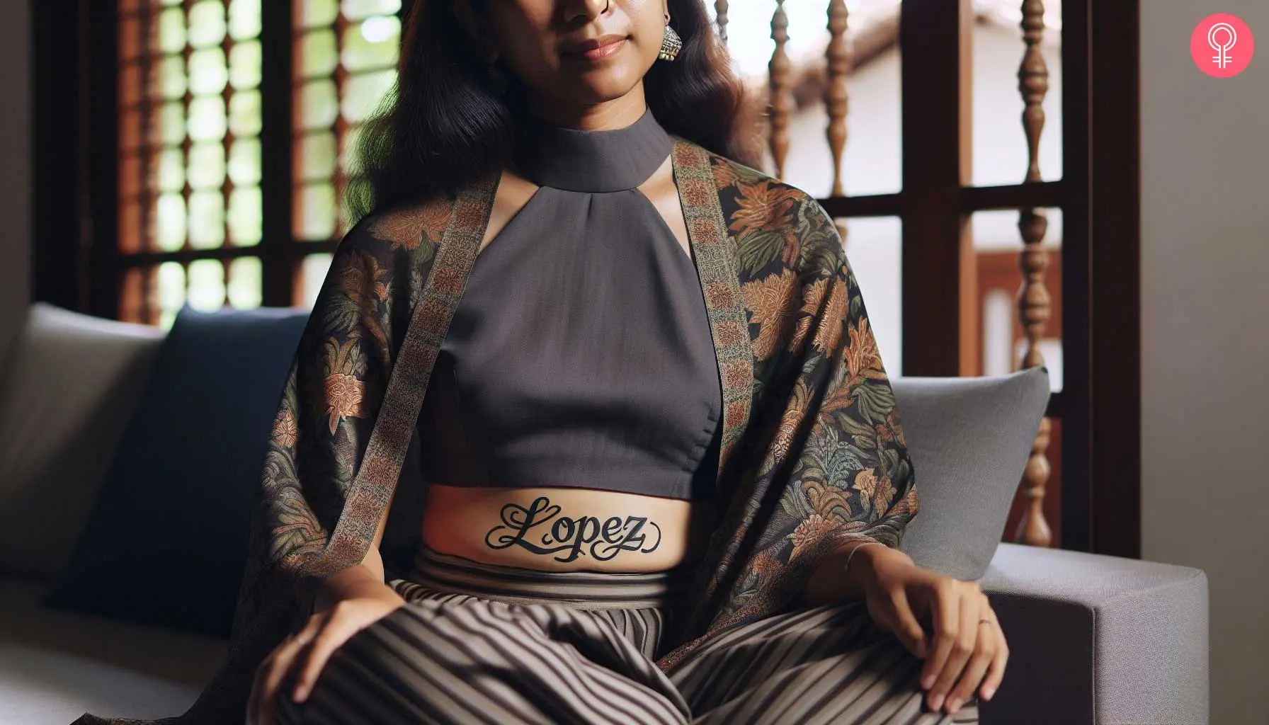 A tattoo in an attractive script on the stomach