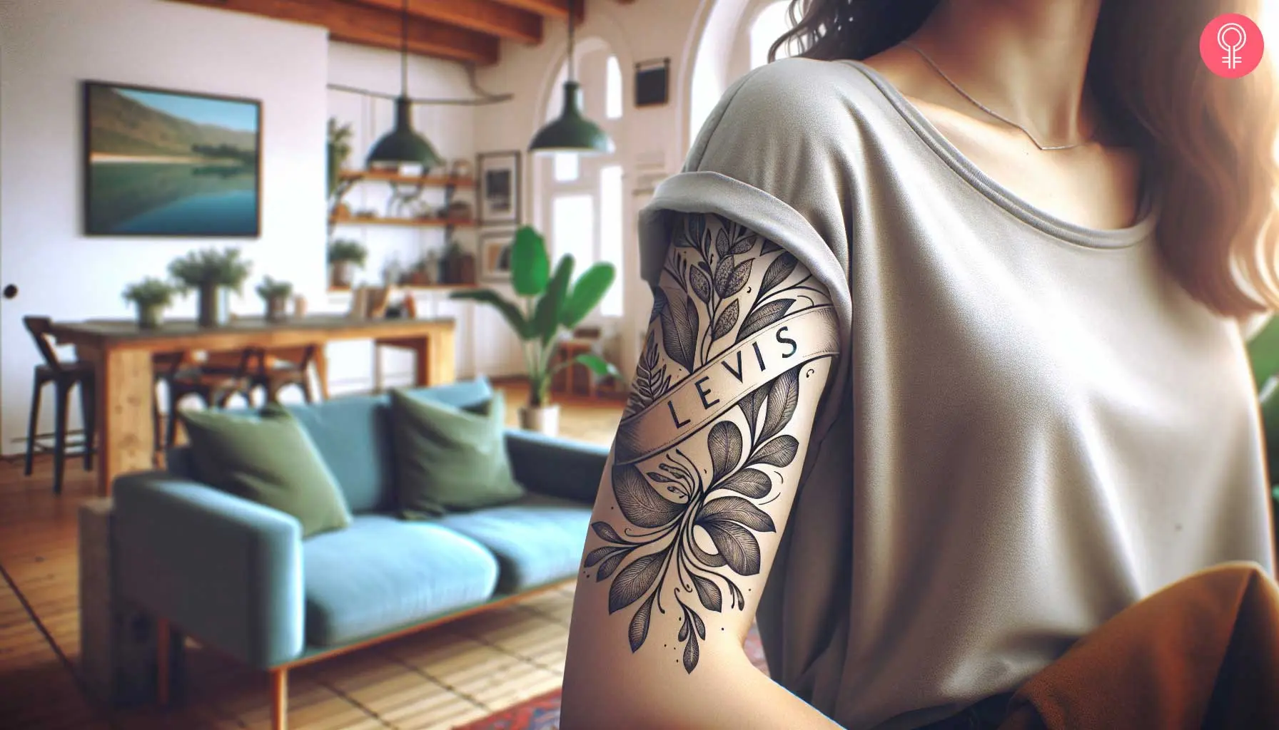 A black and grey floral banner tattoo on the upper arm