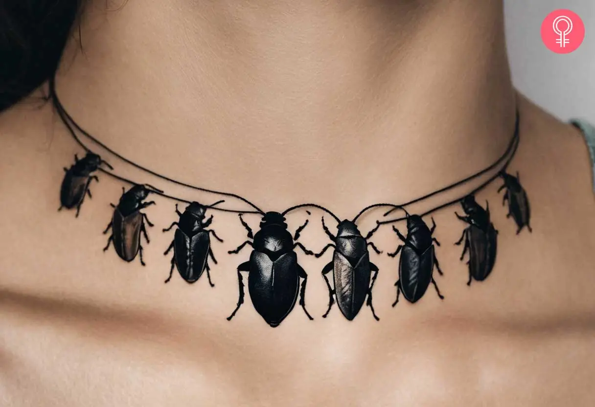 Woman with a necklace cockroach tattoo