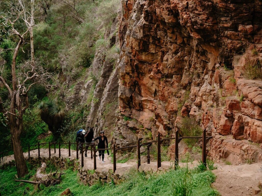 Hikers ascend rugged trail, South Australia.