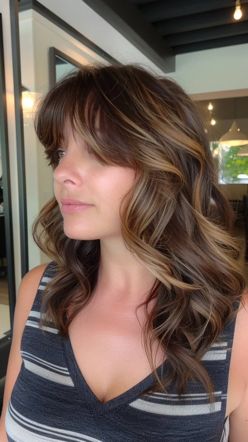 Medium-length layers feature a beautiful brown to blonde gradient, with face-framing pieces lightened to create brightness around the face. Gentle waves emphasize the seamless color transition, while straight-across bangs add modern edge.