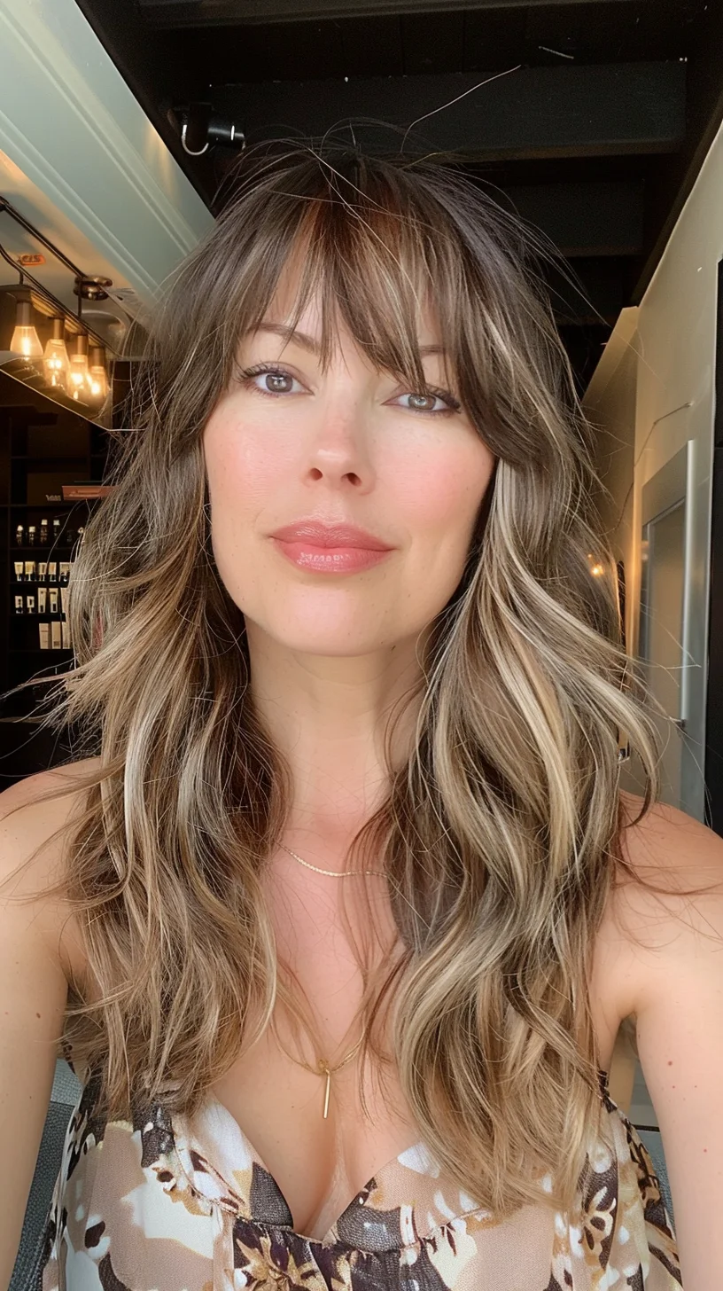 Long layers showcase a stunning transition from deep brunette roots to champagne blonde ends. Gentle waves emphasize the seamless color blending, while wispy bangs add softness around the face. Light pieces woven throughout create beautiful dimension and movement in this shoulder-length style.