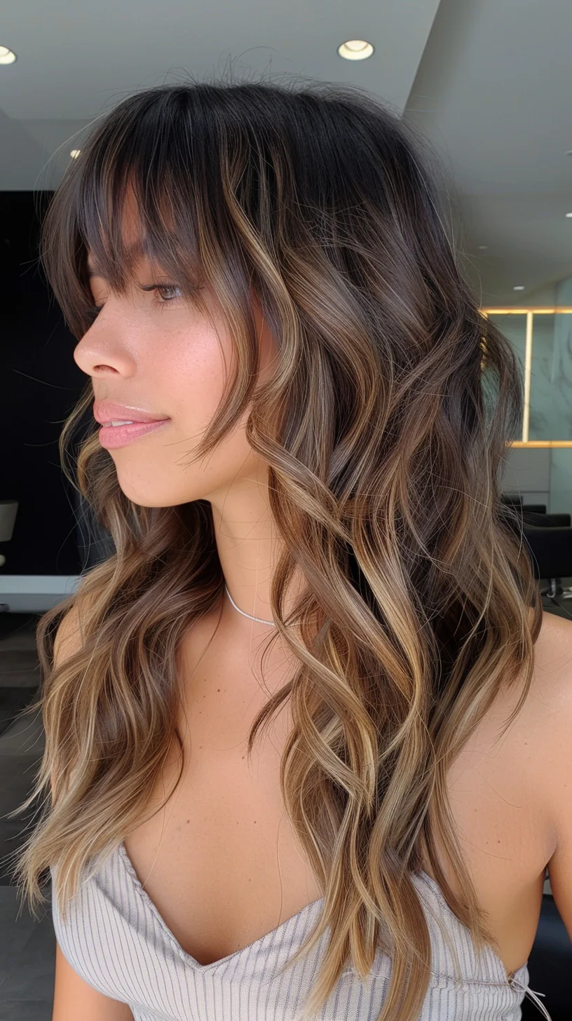 A stunning balayage blend transitions from rich chocolate brown roots into warm caramel and light beige blonde pieces throughout. Long, textured waves showcase the dimensional color work, while wispy bangs frame delicately. Natural-looking color placement creates soft movement, with lighter pieces strategically woven through mid-lengths and ends.