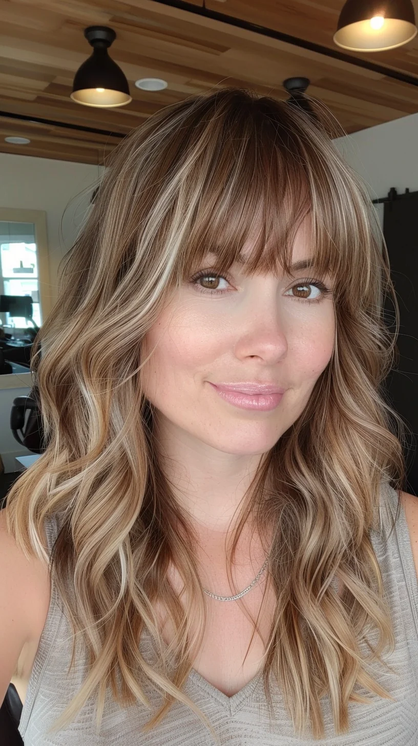 Beautifully blended balayage features a gradient from natural brown roots to sun-kissed blonde ends. Flowing waves showcase the seamless color transition while side-swept bangs blend perfectly into face-framing layers. Multiple blonde tones create gorgeous dimension throughout the mid-length cut.