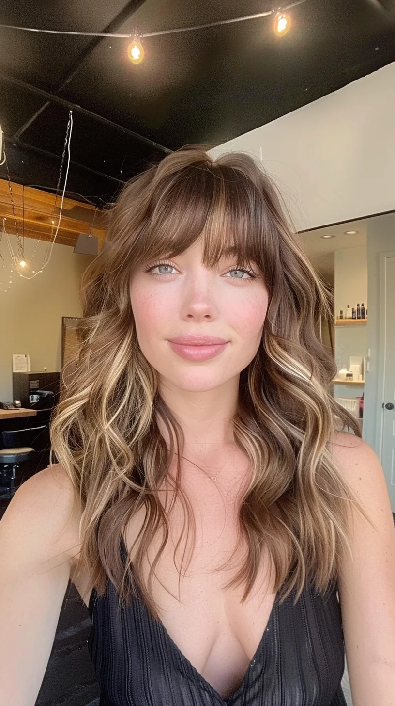 Long, flowing waves showcase a flawlessly executed dark-to-light balayage, beginning with deep brunette roots that fade into bright blonde ends. Side-swept bangs blend perfectly into layers, while strategic highlighting creates beautiful dimension throughout. 